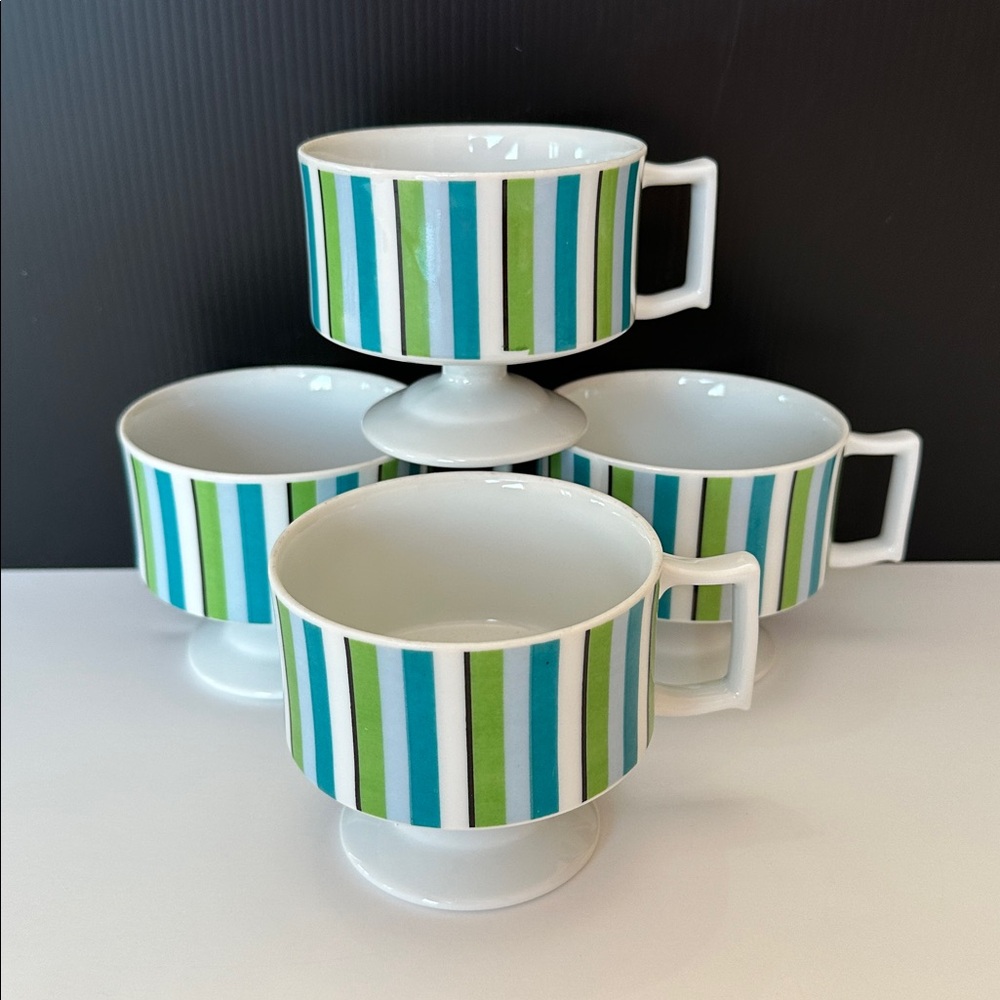 4 Vintage MCM Pedestal Footed Coffee Mugs Blue and Green Stripes Set of 4